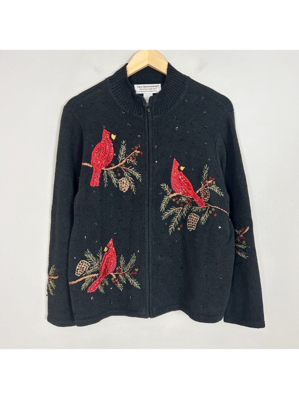 Vintage Women's Christmas Holiday Sweater Winter Red Cardinals Sequined Sz Large